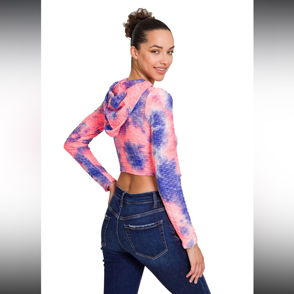 Athletic Tie Dye Honeycomb Crop Zenana Hoodie